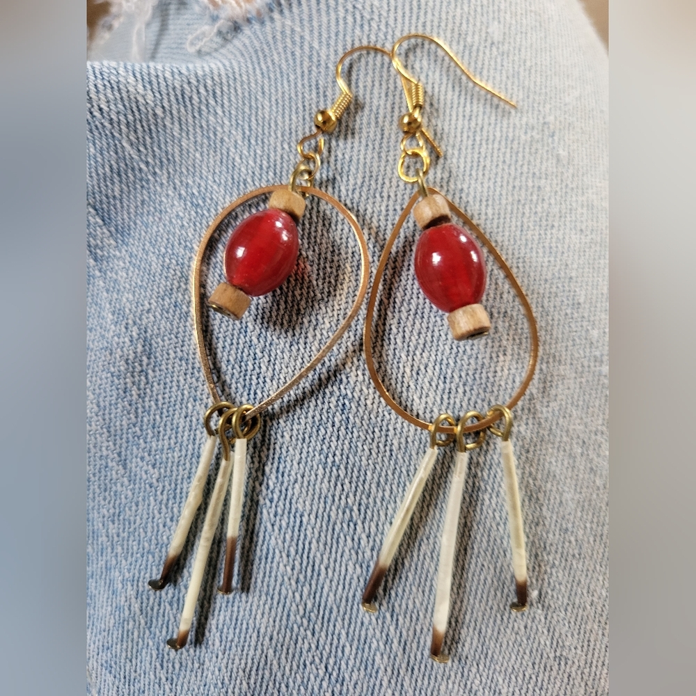 Porcupine quill and red glass bead earrings